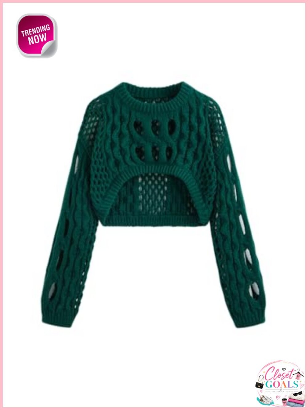 CIDER Cropped Knit Sweater Hollow Out Long Sleeve Round Neck Pullover